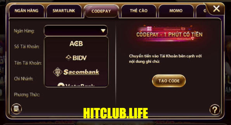 Giao dịch nạp tiền Hit Club Codepay đơn giản